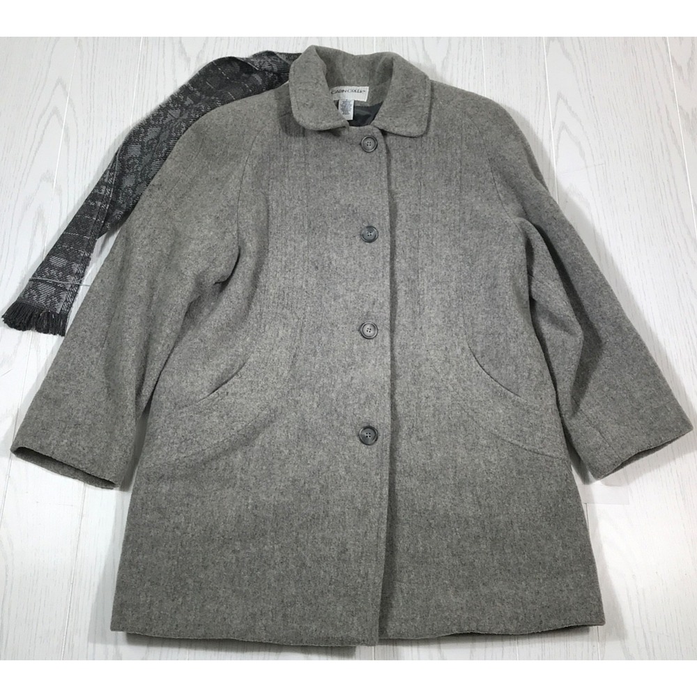 Vintage Cabin Creek Wool Coat Women 8 Gray Button Up Pockets With Scarf Preppy